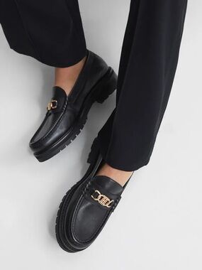 Reiss Black Leather Chunky Loafers with Gold Chain Detail